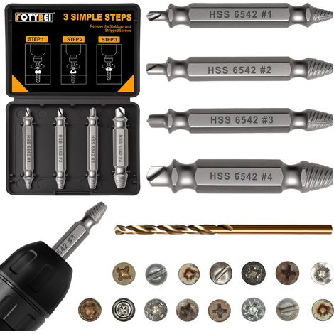 Lot de 5 extracteurs de vis endommagées, modèle amélioré HSS 6542, dureté de 63 à 65 HRC, outil d'adhérence pour l'extraction de vis, jeu d'embouts universel à double extrémité pour vis endommagées (1/5)