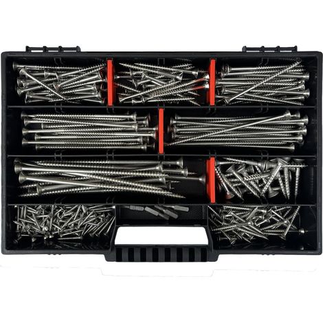 Lot de 295 vis en acier inoxydable V2A pour bois et panneaux d'aggloméré 3 x 25 à 6 x 140 mm avec 4 embouts TX et coffret de rangement (1/5)