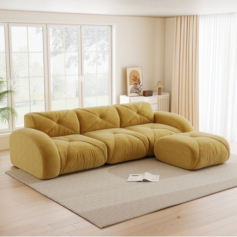 Divano modulare 3 posti in chenille giallo con pouf, configurazione a L, senza montaggio (1/5)