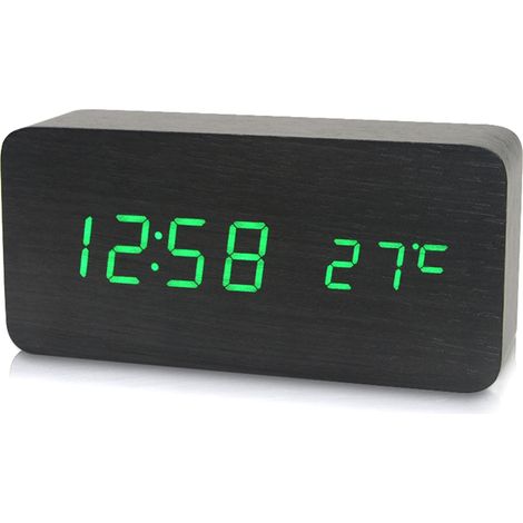 Elektronischer LED-Digitalwecker aus Holz mit Zeit-/Temperatur-/Datumsanzeige, 3 Helligkeitsstufen, Sprachsteuerung, USB-Ladeanschluss oder Batteriebetrieb – Schwarz (1/5)
