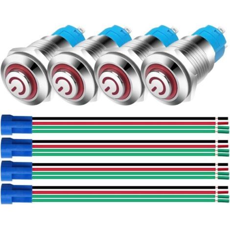 FENOPLASTICALot de 4 interrupteurs à bouton-poussoir autobloquants en acier inoxydable de 12 mm, 3 V-5 V-6 V-7,5 V-9 V-12 V/3 A, avec symbole d'alimentation LED, normalement ouvert, unipolaire, unidir
