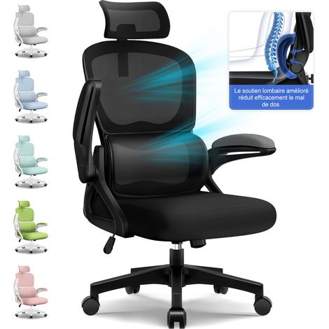 Authmic Chaise de Bureau,Fauteuil de Bureau,Chaise de Bureau Ergonomique avec Soutien Lombaire Adaptatif,Accoudoirs Rabattables à 90°,Appui-Tête Réglable,office chair en Tissu Maillé Respirant, Adapté