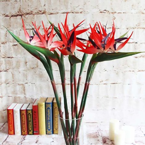 Lot de 3 grands oiseaux de paradis artificiels pour la maison ou le bureau 81 cm rouge (1/5)