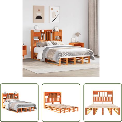 Sommier à lattes - Lit bibliothèque sans matelas cire marron 135x190 cm pin massif (1/5)