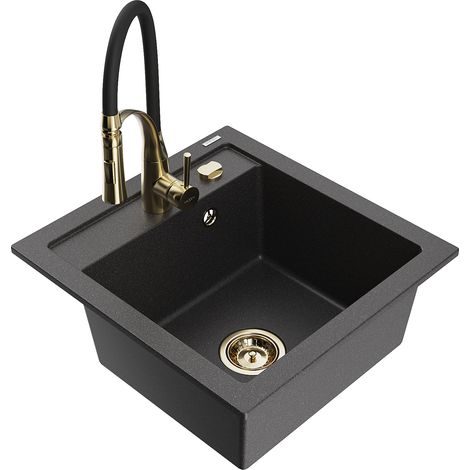 Mexen Vito lavello in granito a 1 vasca con miscelatore da cucina Aster, nero maculato - 6503-76-73450-57-G (1/5)