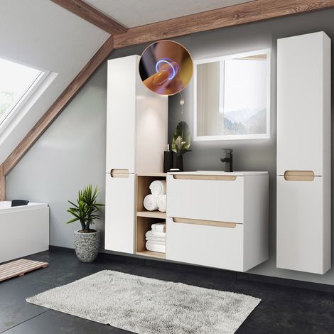 Badmöbel Set Hochglanz weiß mit Trüffel-Buche SOFIA-107 Keramik-Waschtisch & LED-Spiegel, B/H/T ca. 170/200/46 cm (1/5)
