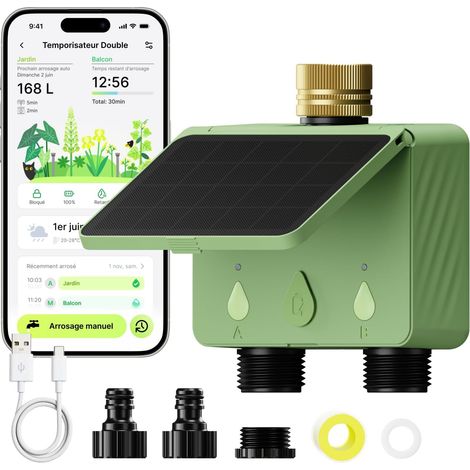 WiFi 2-Way Solar Watering Timer  With flow meter. Without Hub. Brass water inlet. Automatic watering for the garden. Weather Sync (1/5)