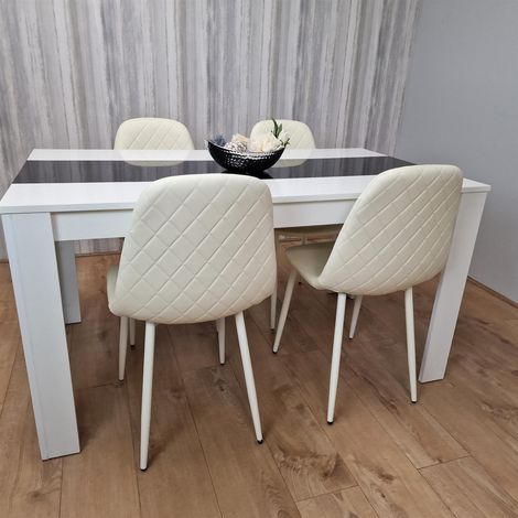 Dining Table and 4 Chairs White Black Wood 4 Leather Cream Chairs Dining Room (1/5)