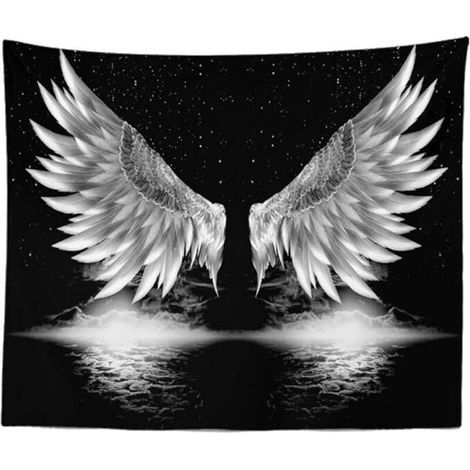 Tapiz de pared en blanco y negro, estilo bohemio psicodélico y divertido con alas de ángel, ideal para decoración de dormitorio, sala de estar o residencia universitaria, 150 × 130 cm (60 × 52 pulgada (1/4)