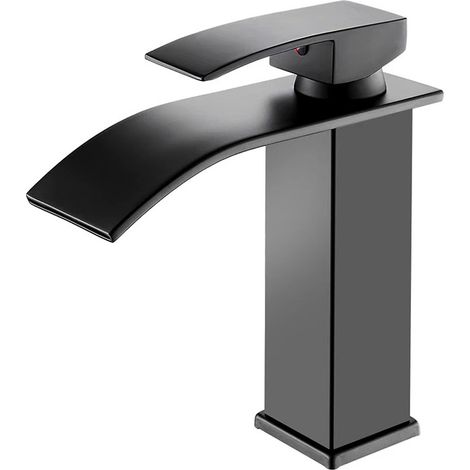 Robinet de Lavabo Cascade Noir Mat en Acier Inoxydable 304 - Mitigeur Chaud/Froid Carré avec Cartouche en Laiton (Modèle Bas - 8002B) (1/5)