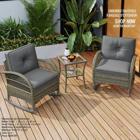 Salon de Jardin Balcon 3 Pièces en Résine Tressée avec Coussins Gris, Charge 160 kg (1/5)