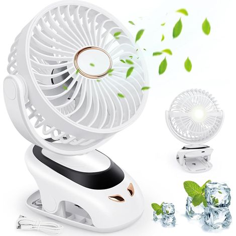 Ventilateur portable silencieux (blanc) - Rechargeable par USB - Affichage LED - Veilleuse - 5 vitesses de ventilation - Rotation à 90° (1/5)