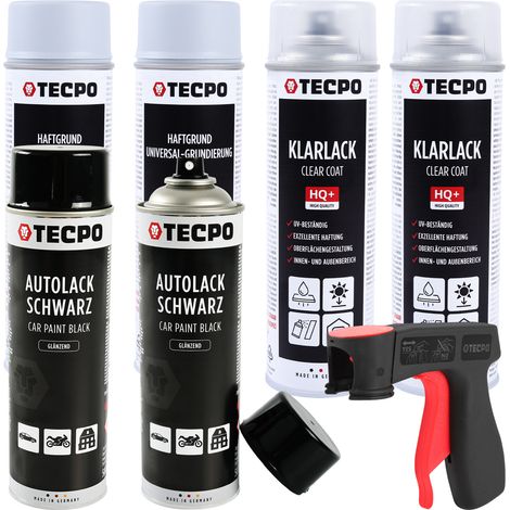 TECPO 2x Grundierung grau Sprühdose Primer, 500 ml + 2x Autolack schwarz matt 500 ml + 2x Klarlack Sprühlack glänzend, 500 ml (1/5)