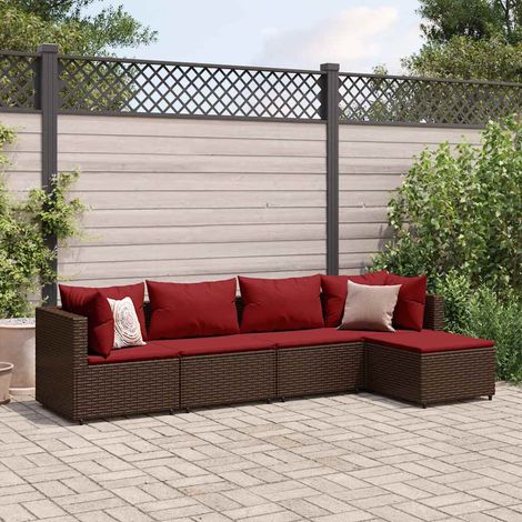 5-tlg. Garten-Lounge-Set mit Kissen Braun Poly Rattan (1/5)