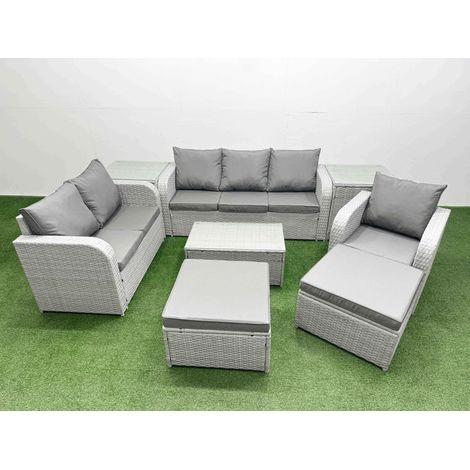 Fimous Patio PE Wicker 8 Seater Outdoor Rattan Furniture Sofa Sets with Rectangular Coffee Table Reclining Chair Loveseat Sofa 3 Seater Sofa 2 Big Footstools 2 Side Table Light Grey (1/4)