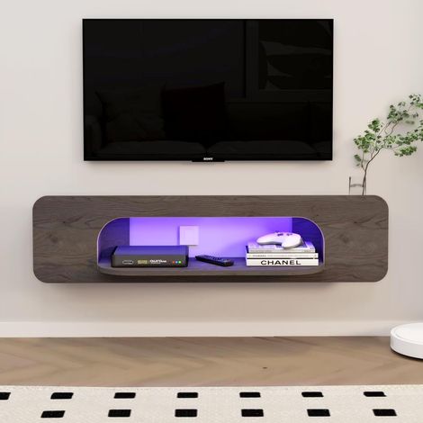 LED TV Suspendu, Etagère Murale Flottante avec 1 Étagère Ouverte, Bois - Gris Foncé (146cm) (1/5)