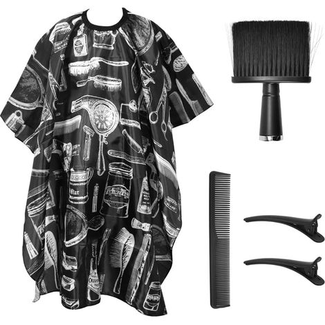 Capa de peluquería, bata profesional de peluquería, bata para cortar el cabello, capa de peluquería de salón en tafetán con cepillo, paño para el cuello, 2 pinzas de cocodrilo, peine para cortar el ca (1/5)