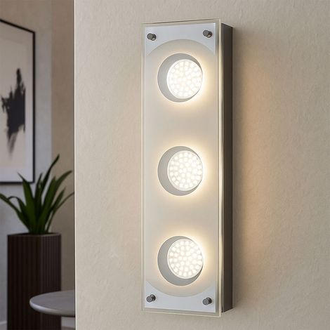 Deckenleuchte Deckenlampe Wandleuchte Wandlampe Stahl gebürstet, chrom, Glas satiniert, 3x LED 3 Watt 260 Lumen warmweiß, BxH 35 x 10 cm