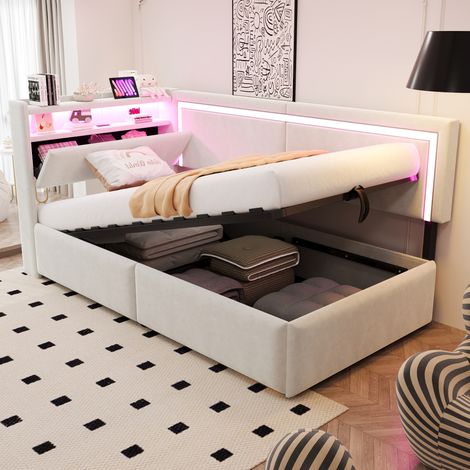 Lit canapé capitonné 90x200 cm beige velours avec LED, USB, coffre hydraulique et tête de lit ouvrante (1/5)