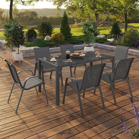 Conjunto de muebles de jardín MADRID mesa 150 CM y 6 sillas apilables gris antracita