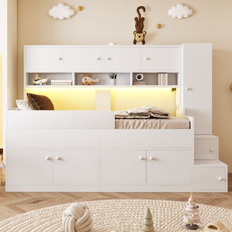 Lit enfant bois 90x200 cm avec rangement, niches, armoire et échelle facile, éclairage LED, barrière de sécurité, blanc