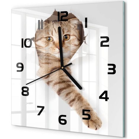 Horloge Murale Carrée Design en Verre Trempé Silencieuse Décoration Intérieure Chat 30x30 cm (1/5)