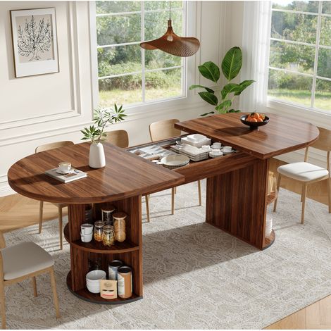 Table à manger ovale extensible 120-160x80 cm avec rangement caché, plateau épais, MDF, marron (1/5)