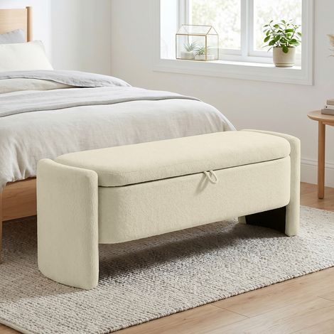 Banquette bout de lit crème tissu bouclé 118x42x45cm, coffre rangement pieds eucalyptus (1/5)