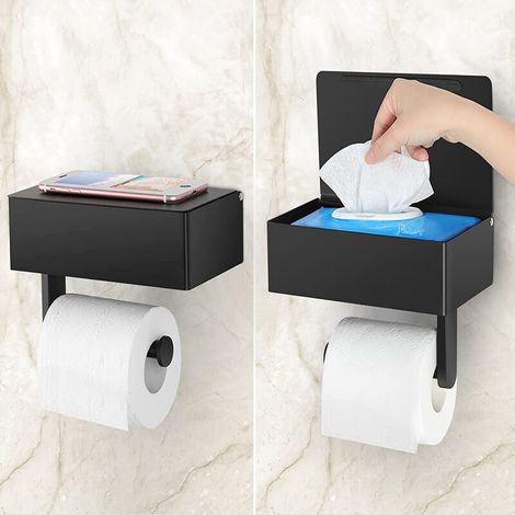 Portarrollos de papel higiénico de acero inoxidable negro, soporte de pared con caja para toallitas húmedas (1/3)