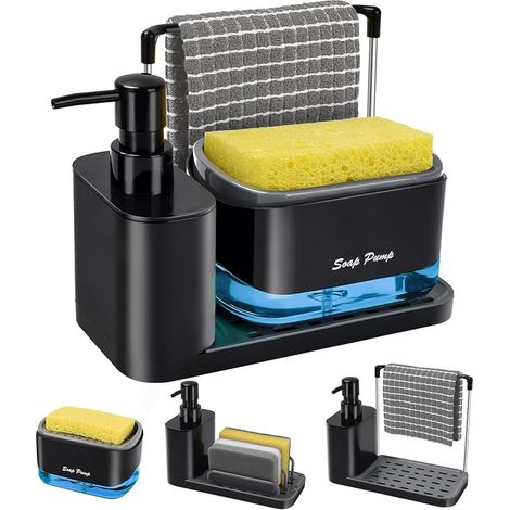Distributeur Liquide Vaisselle Noir, Distributeur Savon Cuisine, Porte-éponge (1/5)
