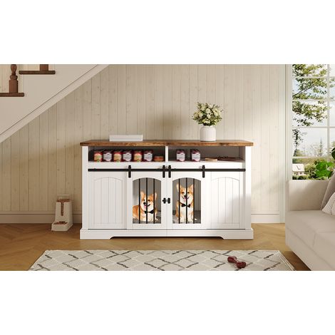 Gabbia per cani da interno 153x60x85 cm con porta scorrevole, divisorio removibile, ripiano, MDF e metallo bianco (1/5)