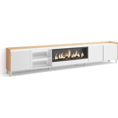 Skraut Home - Meuble TV, Banc Télé, Grand espace de Rangement, 315x35x61cm, Pour les TV jusqu'à 80", Cheminée électrique XXL, Design industriel, LED, Style moderne, Blanc et Chêne Soft (1/5)