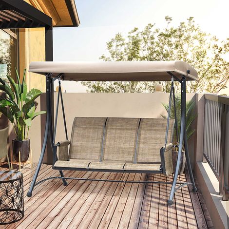 Balançoire Hollywood 3 places avec poche latérale et auvent ajustable,charge 300 kg,dimensions 196x128x172 cm finition marron pour jardin terrasse.