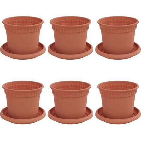 Six pots de fleurs, rouge brique, de 12,5 cm de diamètre et 10 cm de hauteur, en plastique. (1/5)