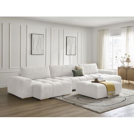 BOBOCHIC - Canapé panoramique convertible coffre ANAKIN tissu bouclette avec pouf   Blanc (1/5)