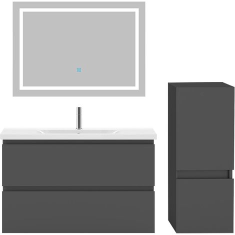 Ensemble meuble de salle de bain 80cm, vasque céramique + colonne bas + LED miroir, anthracite (1/5)