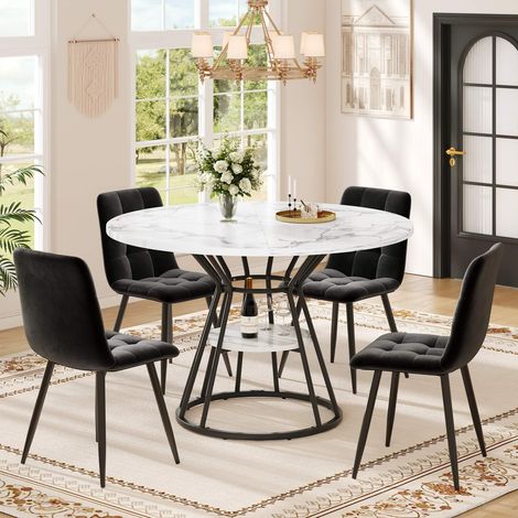 Table à manger ronde Ø100 cm effet marbre noir et or, avec pieds en métal et rangement central, pour cuisine et salon (1/5)
