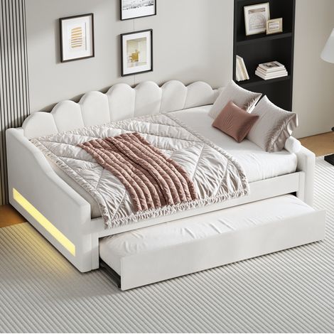 Cama de día tapizada en lino beige 140x200 cm con cabecero, LED laterales y cama nido extraíble