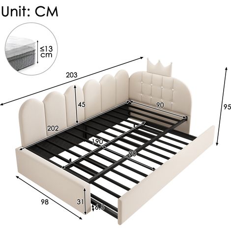 Canapé convertible 90x200 cm avec lit rabattable 90x190 cm, angle L, velours couleur beige, motif couronne et treillis, gain d'espace pour chambre d'enfant ou invités, sans matelas