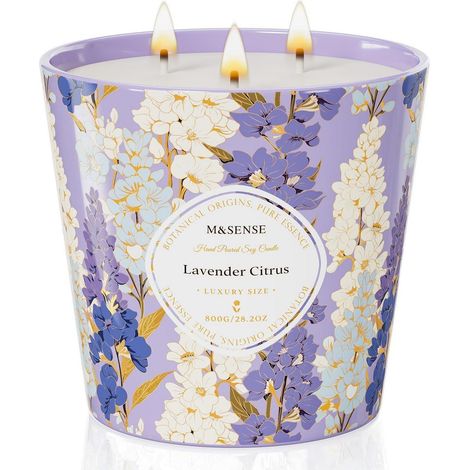 Grande bougie parfumée Lavande-Agrumes 800g cire de soja 3 mèches 120h durée de combustion