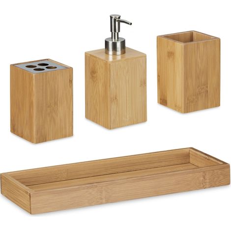 Set di 4 pratici accessori da bagno dal design naturale in bambù chiaro 130003305