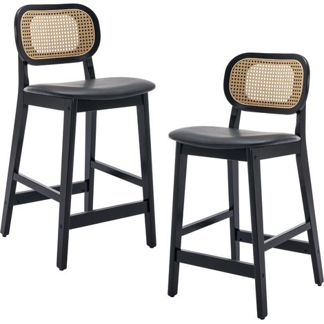 Wahson Taburetes Altos de Madera 2 Unidades – Asiento de Cuero PU Negro, Respaldo de Ratán y Patas de Madera Maciza, Sillas para Isla de Cocina y Barra
