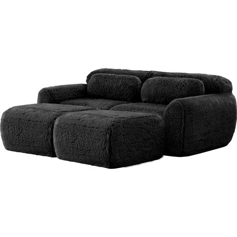 Boneless Cloud Sofas, Weicher Flauschplüsch-Stoff, Modulares Schlafsofa mit 2 Ottomans, Zweisitzer-Sofas, Montagefrei, Bequemes Sofa für Wohnzimmer,Schwarz (1/5)