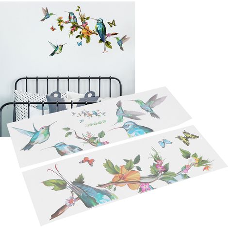 Sticker mural décoratif à motif de papillons, d'oiseaux et de branches d'arbres colorés (1/5)