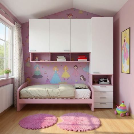 Cameretta a mezzo ponte con divano letto, armadio e cassettiera - bianco e cipria