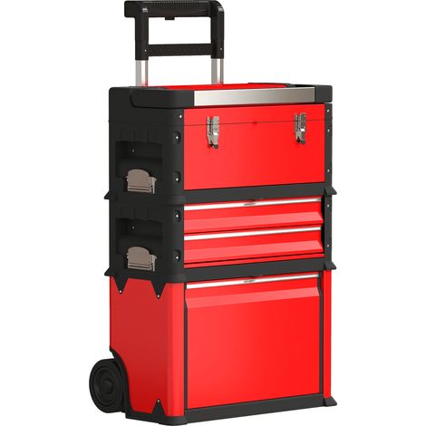Lot de 3 coffres à outils empilables en acier avec roulettes, plateau amovible, poignées et verrou, rouge (1/5)