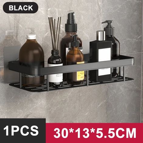 (A-Noir-1PCS) Étagère de salle de bain/rangement de cuisine en alliage d'aluminium, étagère de douche, accessoires de salle de bain, étagère murale sans perçage (1/5)