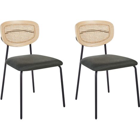Set di 2 Sedie da pranzo moderne Sgabelli con schienale in rattan a treccia viennese Seduta in poliestere senza braccioli Gambe nere Verde Scuro Mayetta (1/5)