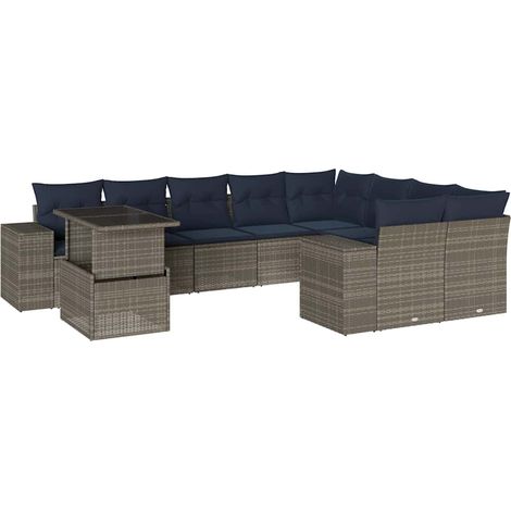 10-teiliges Gartensofa-Set mit Kissen, grau, Polyrattan vidaXL (1/5)