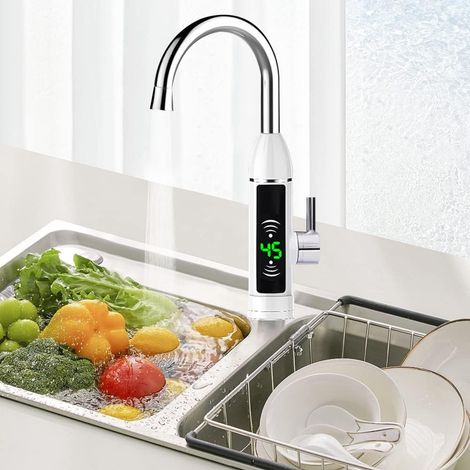 Instant Electric Hot Water Faucet, 360 Degree Rotatable Electric Water Heater, Hot and Cold, with LED Temperature Display, Silver (1/5)